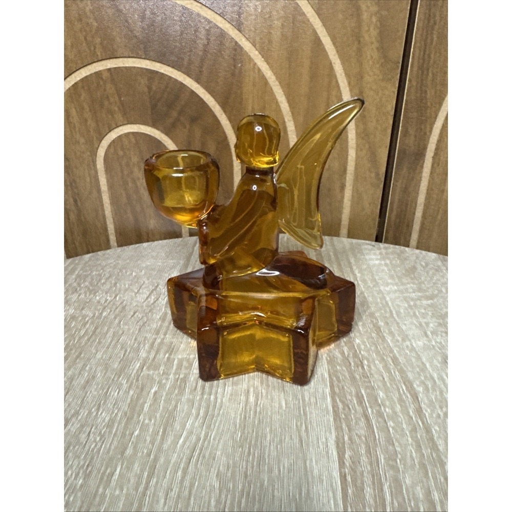 Vtg LE Smith Amber Glass Kneeling Angel on Star Base Candle Holder